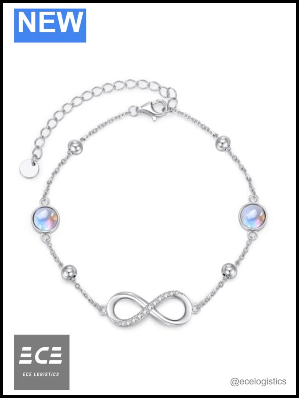 925 Sterling Silver Rainbow Moonstone Infinity Bracelet Adjustable Gift